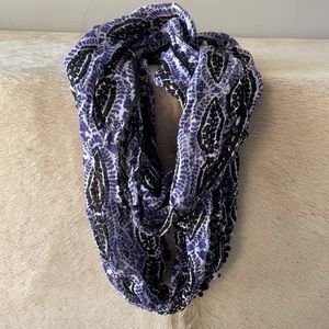 J. Crew Infinity Scarf Black Ball Edging Purple, Black, White Floral Pattern